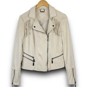 JouJou Faux Suede Western Fringe Moto Jacket Zippers Lined Cream Ivory Medium